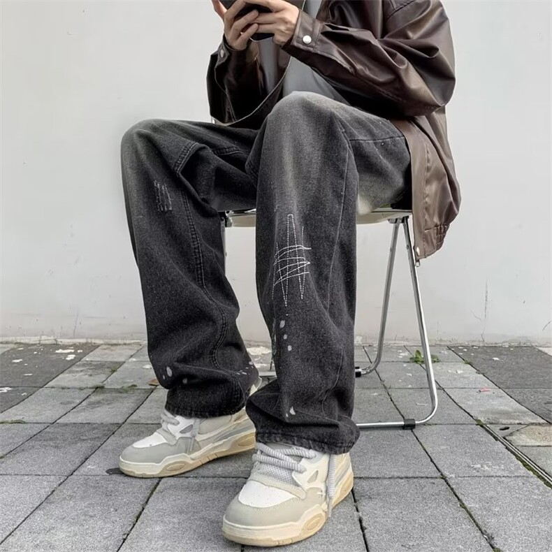 美式高街复古牛仔裤男刺绣印花阔腿宽松直筒拖地裤子RK1226-P41,男装牛仔裤,星座412-3