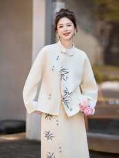 芷墨2025年冬季新款绣花新中式双面呢外套加半身裙两件套装裙，女装套装/套裙，芷墨服饰