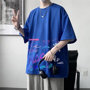 HT73186-P22 NASA 联名同款华夫格t恤男短袖男大码五分袖 大皂风图片
