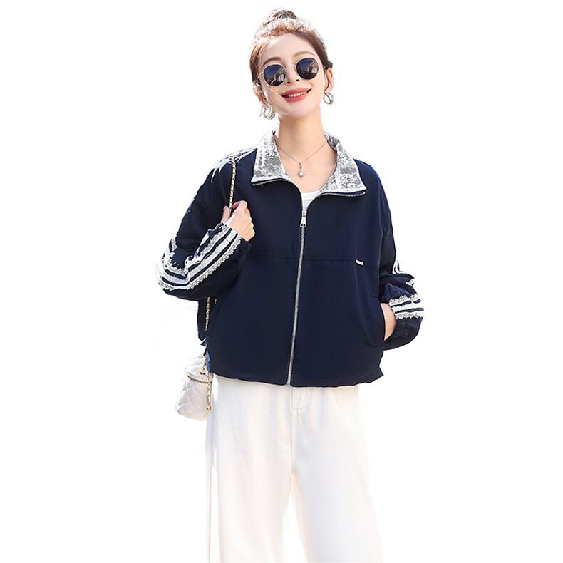立领蕾丝拼接条纹短外套女2025春秋季新款宽松显瘦冲锋衣夹克上衣,女装短外套,木橙西子