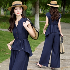 新款2026年夏季休闲不规则下摆阔腿裤两件套，女装套装/套裙，盈茜