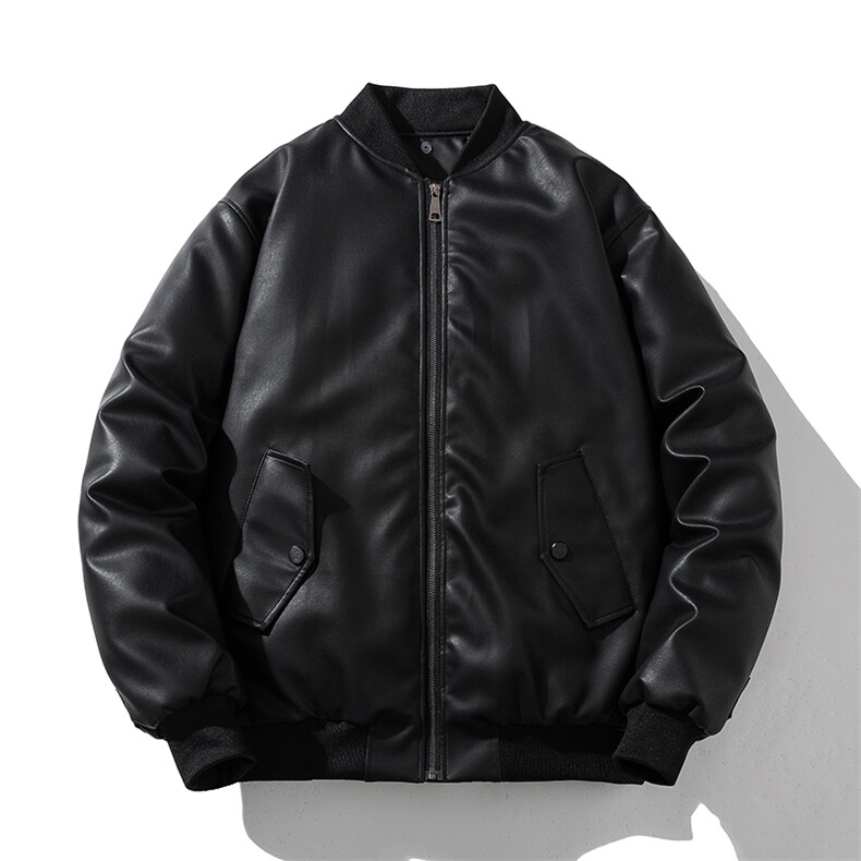 现货黑色PU皮棒球服外套秋冬棉服带帽可拆卸,男装棉衣,电商A105