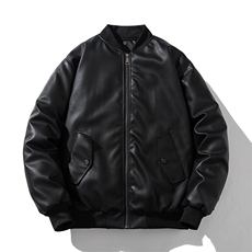 现货黑色PU皮棒球服外套秋冬棉服带帽可拆卸，男装棉衣，电商A105