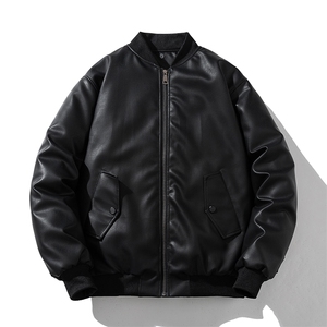 现货黑色PU皮棒球服外套秋冬棉服带帽可拆卸,欧美高跟袜靴搭配图片图片
