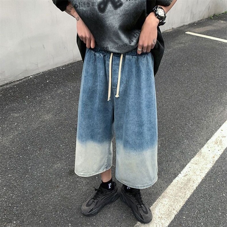 渐变牛仔短裤潮牌男夏季薄款宽松直筒七分短裤港风百搭八分阔腿裤,男装牛仔裤,星座813-3