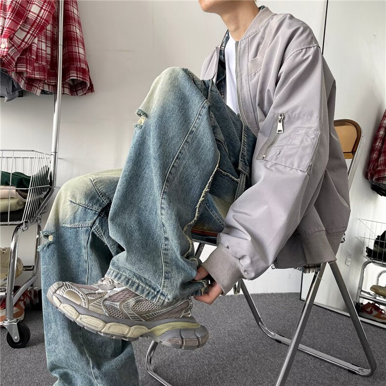 美式复古破洞工装牛仔裤男女春秋季宽松直筒阔腿裤高街嘻哈hiphop,男装牛仔裤,星座601-2