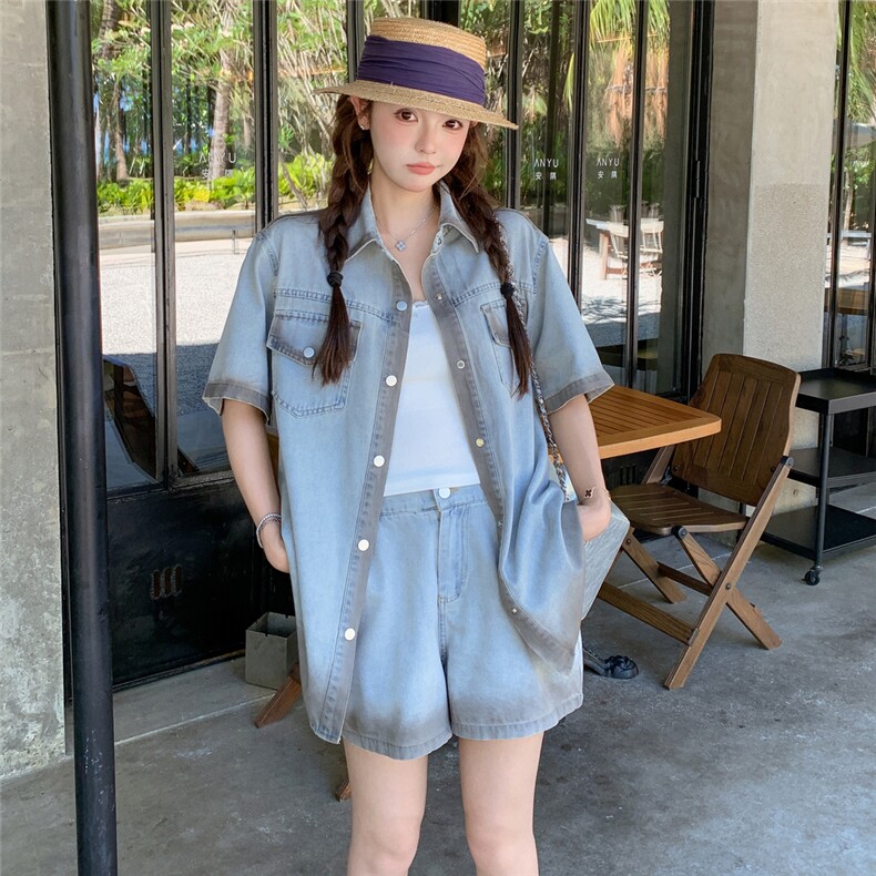 韩版休闲牛仔外套短裤两件套女夏2025新款设计感时尚宽松洋气套装,女装套装/套裙,2C159