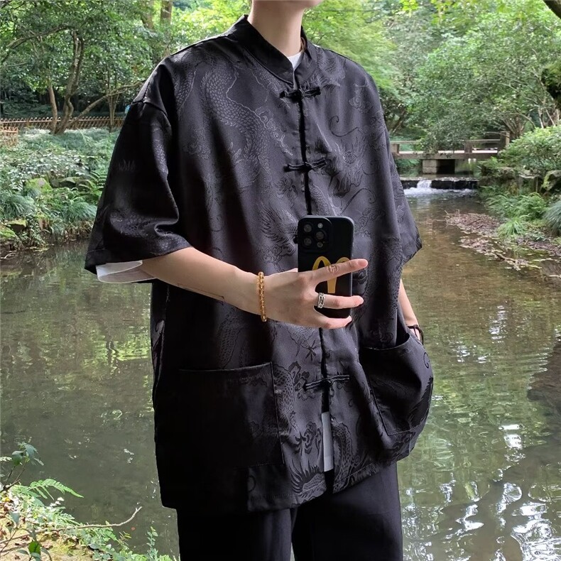 新中式潮复古暗龙纹盘扣风禅意衬衫夏季外套衬衣上衣CS550,男装衬衫,星座601-2