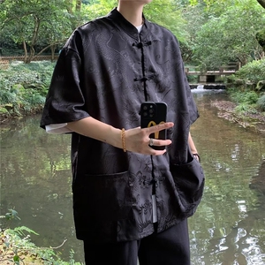 新中式潮复古暗龙纹盘扣风禅意衬衫夏季外套衬衣上衣CS550图片