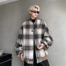 M883TP78毛呢格子外套男港风复古棒球领休闲宽松秋冬廓形夹克上衣，男装夹克，电商A170