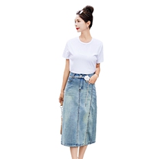 现货淑女浅色开叉牛仔半身裙2025夏季新款花朵链条韩版A字包臀裙，女装套装/套裙，跑量工厂店