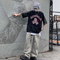 夏季短袖T恤男美式复古圆领半袖宽松潮牌水洗体恤潮流五分袖上衣，男装T恤，星座1013