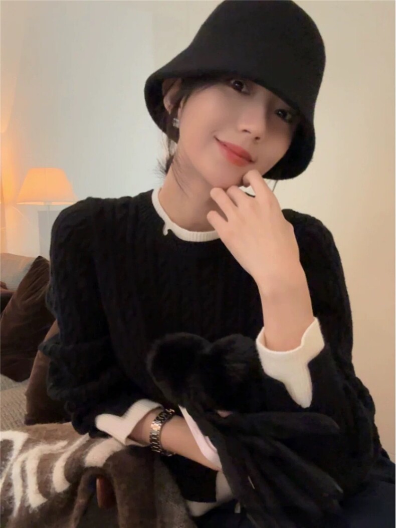 时尚百搭假两件麻花圆领仿羊毛针织衫显瘦修身长袖毛衣女秋冬新款,针织衫/毛衣,雪真羊绒