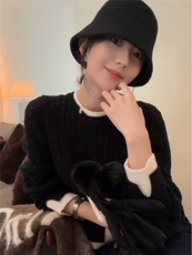 时尚百搭假两件麻花圆领仿羊毛针织衫显瘦修身长袖毛衣女秋冬新款，女装针织衫/毛衣，雪真羊绒