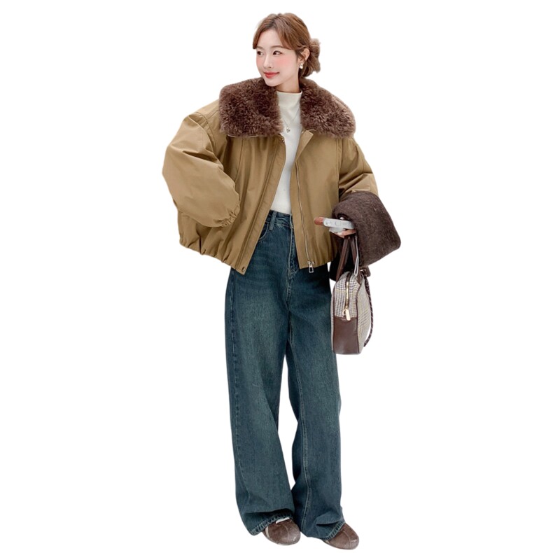 现货：冬季新款咖色羊羔毛大翻领派克羽绒服2C135-8935P215K318,女装羽绒服,2C135
