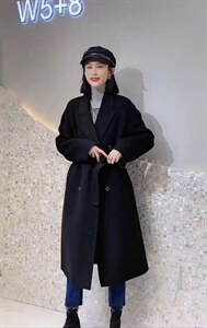 2021秋冬新款时尚西装领四粒扣系腰带长款百分百羊毛双面呢外图片