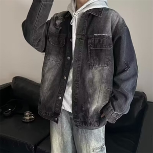 复古水洗做旧破洞牛仔外套男士春秋美式宽松高街翻领夹克 JW105图片