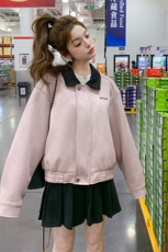 2025秋季美式复古风粉色设计感外套女甜美超好看撞色翻领短款夹克，女装短外套，2C176