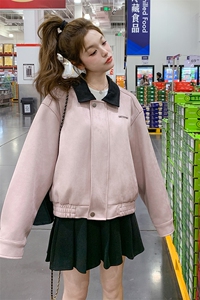 2025秋季美式复古风粉色设计感外套女甜美超好看撞色翻领短款夹克图片