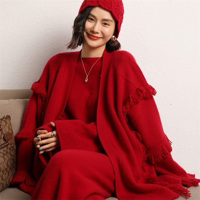 秋冬羊绒衫开衫女流苏时尚外套毛衣宽松上衣,女装羊绒衫,五色羊羊绒