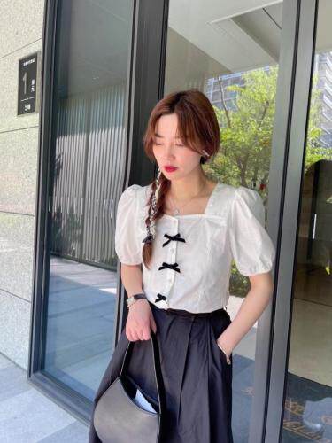 麻料蝴蝶结上衣，女装，新袖