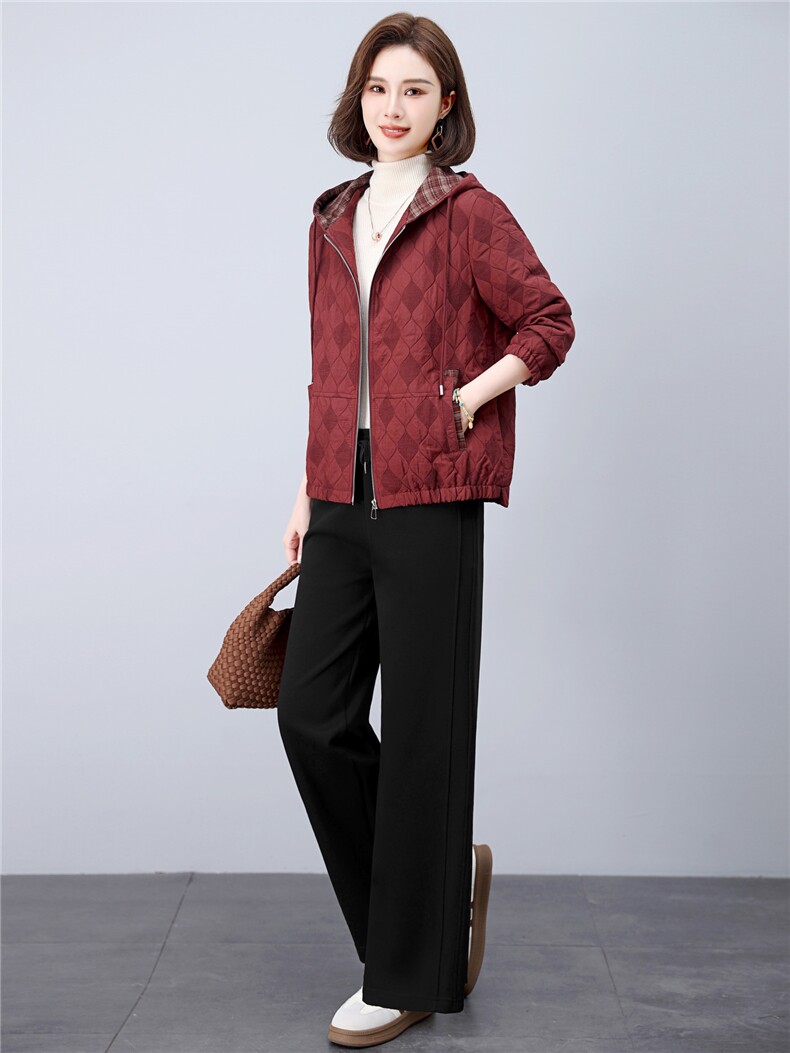 长期现货妈妈春秋早冬夹棉服时尚格子连帽外套短中老年两件套装女,女装套装/套裙,璐依舞