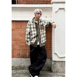 潮牌美式复古格子学院风长袖衬衫女拼接百搭衬衣外套潮 CW26图片