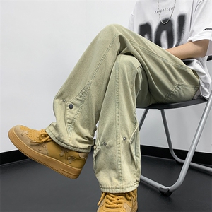 港风夏款男牛仔裤渐变色双层按扣拼接款黄泥色直筒长裤NK6062 P43图片