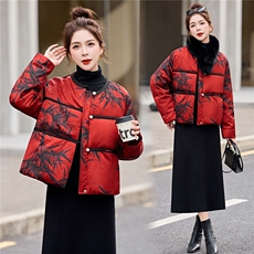 新中式时尚提花真狐狸毛短款羽绒服女2025年冬季新款外套90白鸭绒，女装羽绒服，润尚靓点