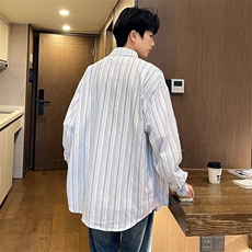 港风潮牌宽松条纹衬衫男长袖日系宽松潮流衬衣外套男装3020/P42，男装衬衫，星座506