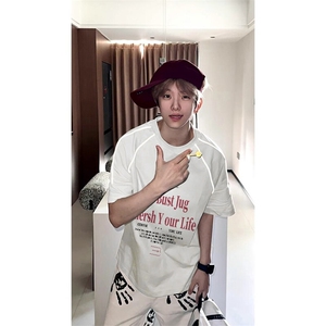 抖音得物品质240克宽松纯棉美式高街夜光反光工艺印花短袖T恤