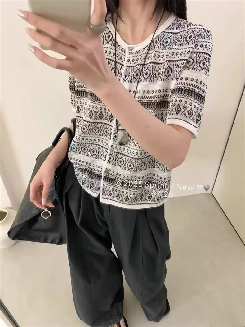 夏新款天丝羊毛针织短袖女宽松韩版圆领时尚超薄菱格T恤条纹上衣,女装T恤,晨旭羊绒