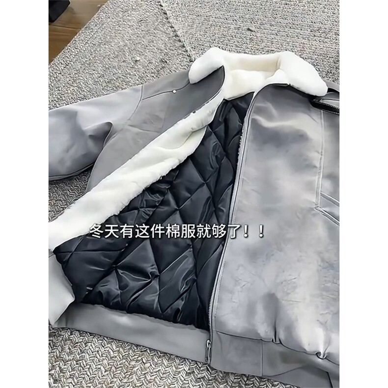 现货重磅硬挺boxy羽绒棉衣座山雕羊羔毛领洗水麂皮棉服冬外套,男装棉衣,电商A486