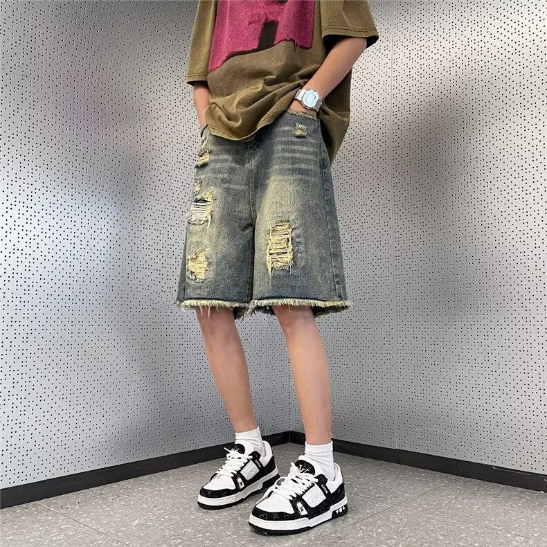 美式高街拉链破洞牛仔短裤男款复古做旧阔腿五分裤子夏季潮牌,男装牛仔裤,星座410-7