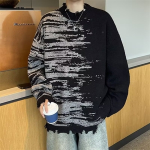 秋冬季破坏设计圆领针织毛衣男宽松渐变条纹打底衫潮流长袖M5705