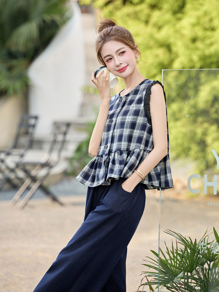 韩里韩气穿搭套装女2025夏新款休闲减龄格子无袖牛仔阔腿裤一整套,女装套装/套裙,艾尚靓装