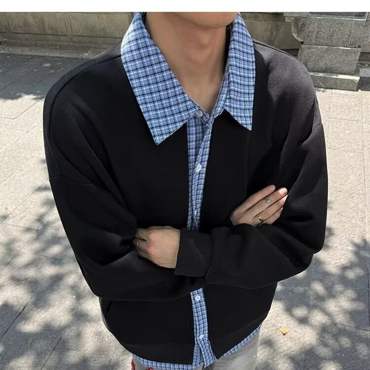 假两件格子拼接外套男新款美式卫衣开衫夹克AA90-P43图片