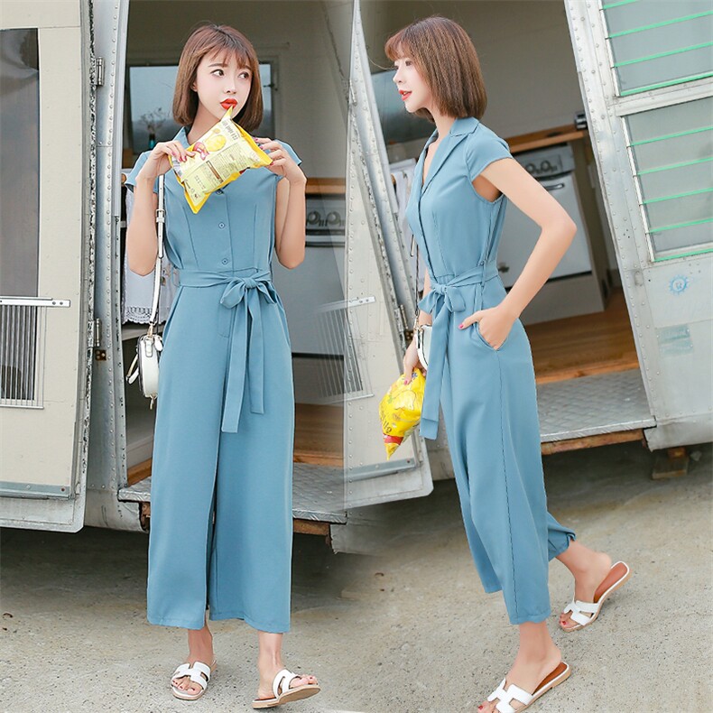 连衣裤高腰2021年夏季腰带短袖个性简约百搭纯色V领，女装连体裤，诗贝淇