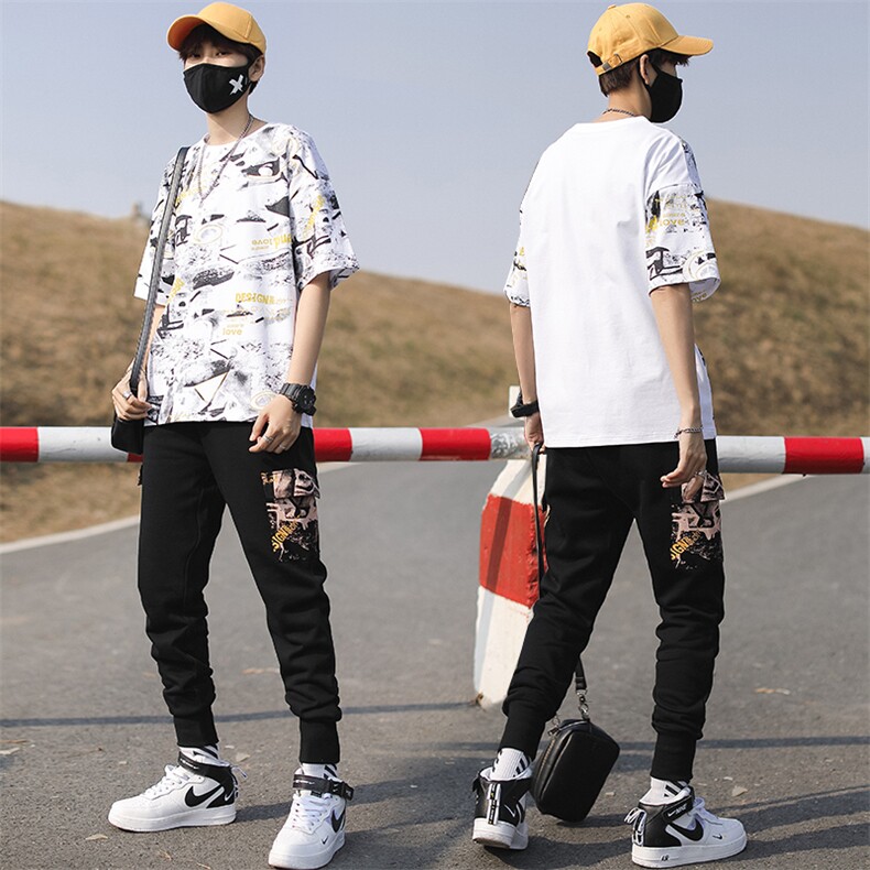 夏季新款潮牌青少年两件套运动休闲短袖T恤九分裤套装男TZ205,男装T恤,电商A441