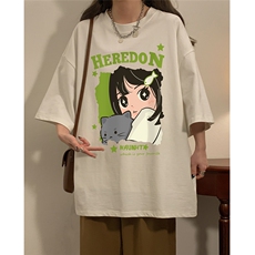 夏新款宽松美潮猫咪女孩可爱印花休闲短袖T恤T6097P25控38，男装T恤，电商A268
