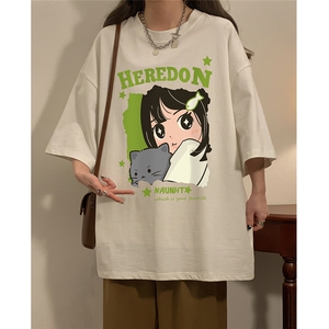 夏新款宽松美潮猫咪女孩可爱印花休闲短袖T恤T6097P25控38