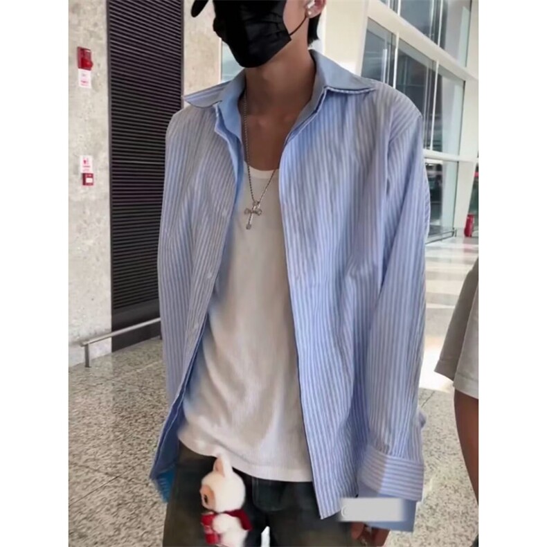 衬衫男长袖港风日系薄款宽松秋季高级条纹潮ins休闲衬衣男士外套,男装衬衫,星座506A