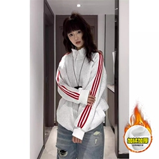 480G重磅加绒硬挺boxy男女秋冬美式高街三条杠立领卫衣开衫厚外套，女装短外套，电商A486