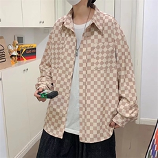 韩版潮流休闲长袖港风复古格子衬衫男双口袋衬衣外套W5241-P36，男装衬衫，星座512-2