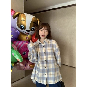 TC529-P45格子衬衫女薄款日系新款宽松休闲百搭小众长袖衬衣图片