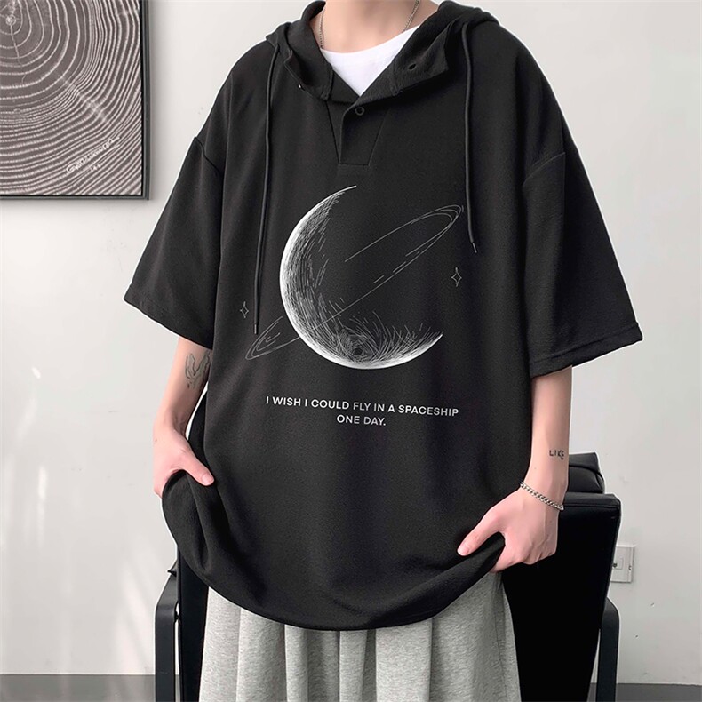 LD54246-P45月球连帽短袖t恤男大码胖子带帽五分袖中袖大皂风,男装T恤,电商A040