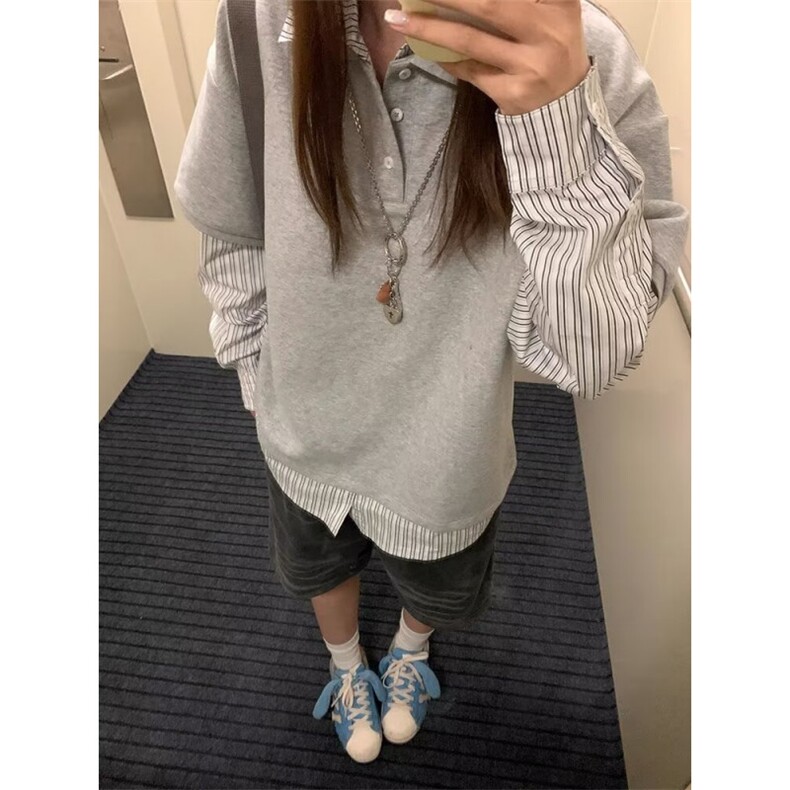 假两件条纹polo领t恤女春秋季宽松小众设计感百搭上衣WT525,男装T恤,星座1116A（原606A-3）