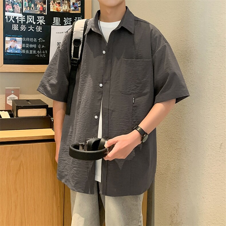 24年港风夏款工装纯色宽松短袖衬衫男CS113P38,男装衬衫,星座1204-3