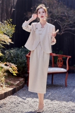 现货新中式2024年春装新款复古高级优雅气质重磅提花两件套女，女装套装/套裙，深水步