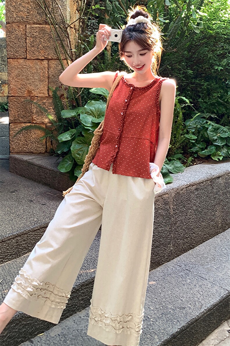浪漫氛围感减龄复古波点上衣套装女2025夏新款木耳边阔腿裤两件套,女装套装/套裙,浙宝220